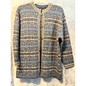Nordic Design 100% Wool Cardigan Sweater 1X Fair Isle Knit Blue Brown 80's 90's
